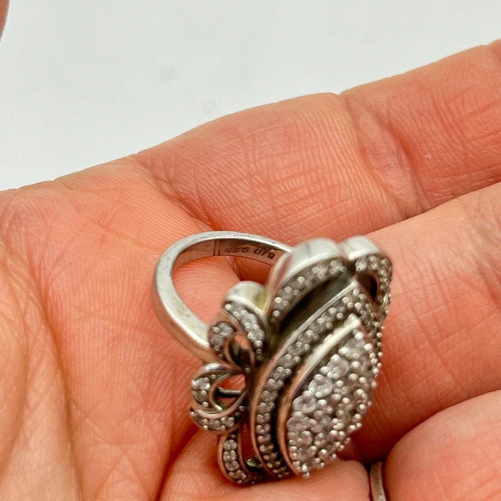 Ornate Marquee Ring Cubic Zirconia Pave Sterling Silver Statement‎ Cocktail Ring